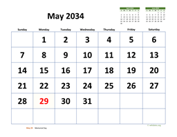 May 2034 Calendar with Extra-large Dates