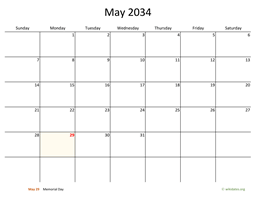 May 2034 Calendar with Bigger boxes