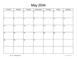 Basic Calendar for May 2034