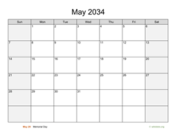 May 2034 Calendar with Weekend Shaded