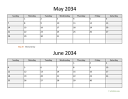 May and June 2034 Calendar