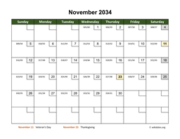 November 2034 Calendar with Day Numbers