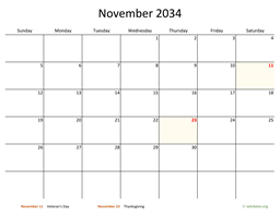 November 2034 Calendar with Bigger boxes
