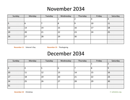 November and December 2034 Calendar