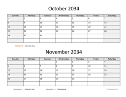 october and november 2034 calendar