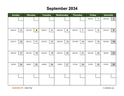 September 2034 Calendar with Day Numbers