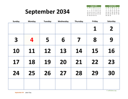 September 2034 Calendar with Extra-large Dates