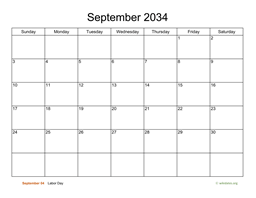 Basic Calendar for September 2034