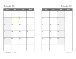 September 2034 Calendar on two pages