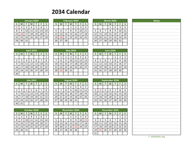 Yearly Printable 2034 Calendar with Notes