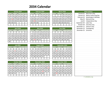Printable 2034 Calendar with Federal Holidays | WikiDates.org