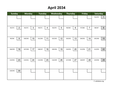 April 2034 Calendar with Day Numbers