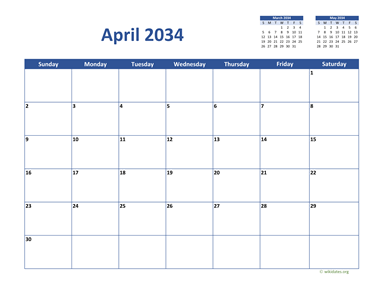 April 2034 Calendar Classic