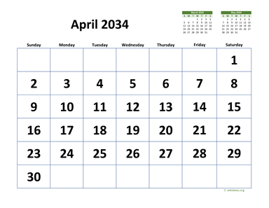 April 2034 Calendar with Extra-large Dates