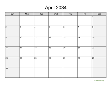 April 2034 Calendar with Weekend Shaded