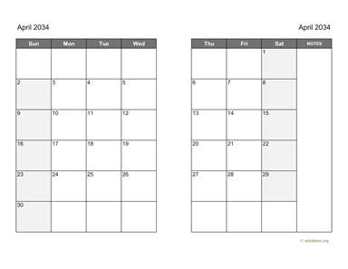 April 2034 Calendar on two pages