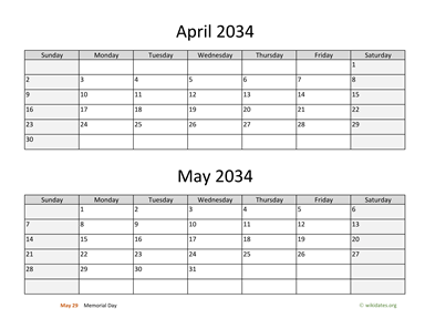 April and May 2034 Calendar Horizontal