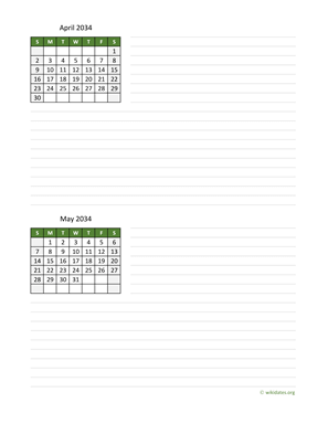 April and May 2034 Calendar with Notes