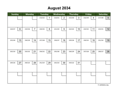August 2034 Calendar with Day Numbers