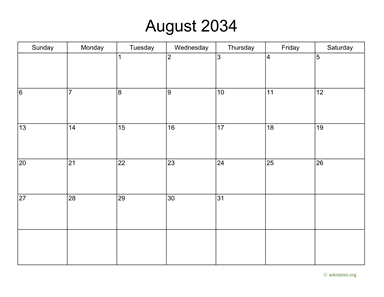 Basic Calendar for August 2034