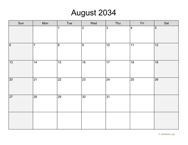 August 2034 Calendar with Weekend Shaded