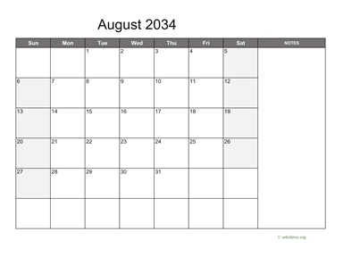 August 2034 Calendar with Notes