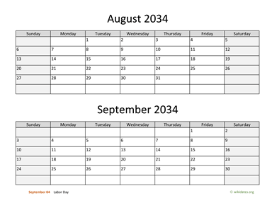 August and September 2034 Calendar Horizontal