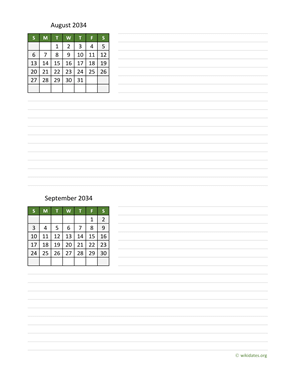 August and September 2034 Calendar with Notes