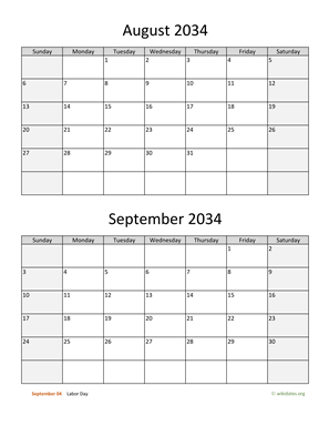 August and September 2034 Calendar Vertical