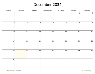 December 2034 Calendar with Bigger boxes