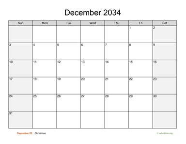 December 2034 Calendar with Weekend Shaded