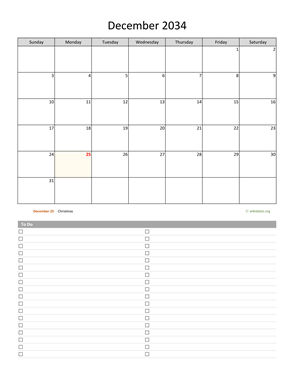 December 2034 Calendar with To-Do List