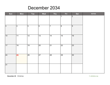 December 2034 Calendar with Notes