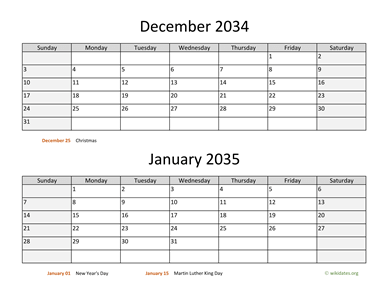 December 2034 and January 2035 Calendar Horizontal