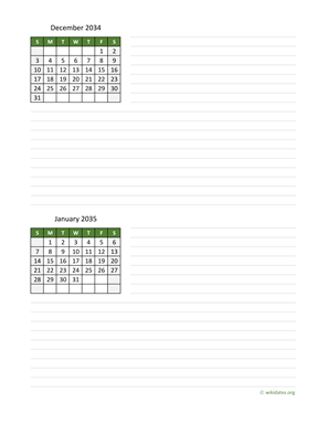 December 2034 and January 2035 Calendar with Notes