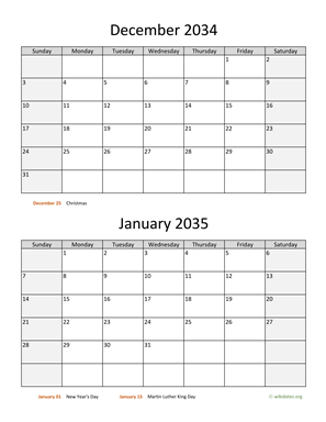 December 2034 and January 2035 Calendar Vertical