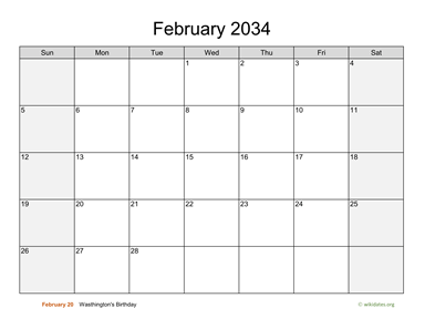 February 2034 Calendar with Weekend Shaded