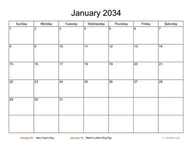 Basic Calendar for January 2034