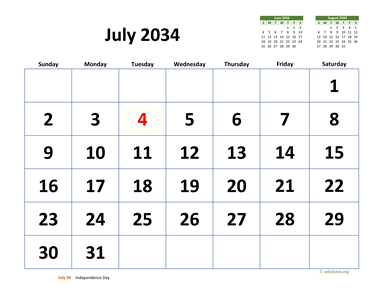 July 2034 Calendar with Extra-large Dates