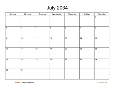 Basic Calendar for July 2034