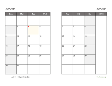 July 2034 Calendar on two pages