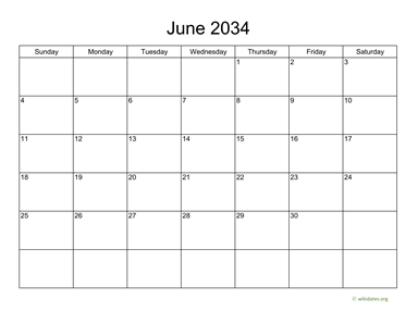 Basic Calendar for June 2034