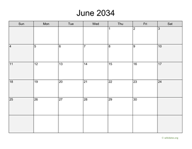 June 2034 Calendar with Weekend Shaded