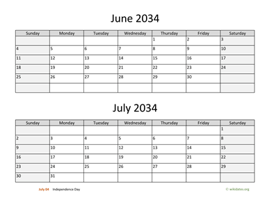 June and July 2034 Calendar Horizontal