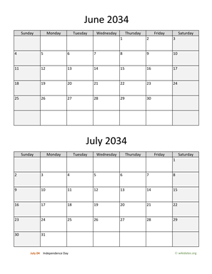 June and July 2034 Calendar Vertical