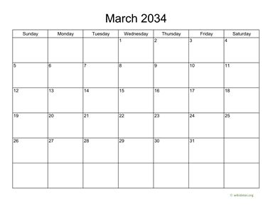 Basic Calendar for March 2034