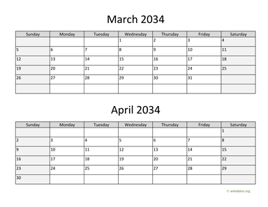 March and April 2034 Calendar Horizontal