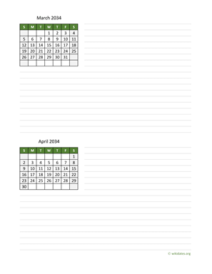 March and April 2034 Calendar with Notes