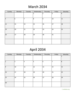 March and April 2034 Calendar Vertical