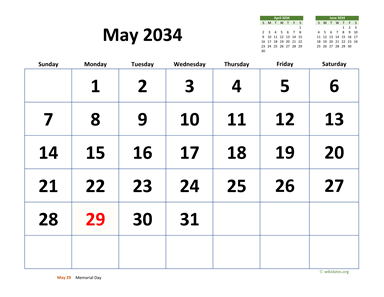 May 2034 Calendar with Extra-large Dates